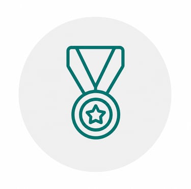 A teal line art icon of a winner's medal with a star and ribbon on a circular background.