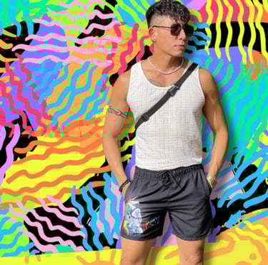 LGBTQIA+ gay swim short with horny unicorn graphic