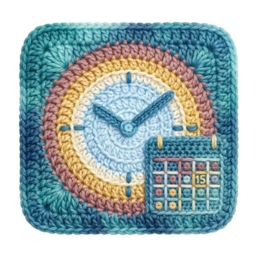 Reloj y calendario hechos a mano con ganchillo, en hilo azul y turquesa.