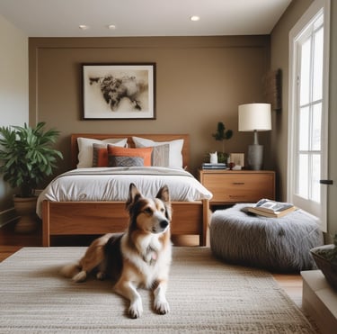 A cozy, sunlit room with soft bedding and a happy dog lounging comfortably.