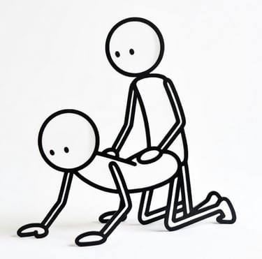 A sticmman on hands and knees and a stickman behind him with hands on back