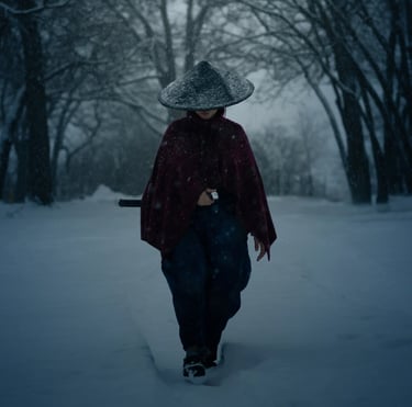 Cosplayer samurái caminando bajo la nieve en un bosque invernal