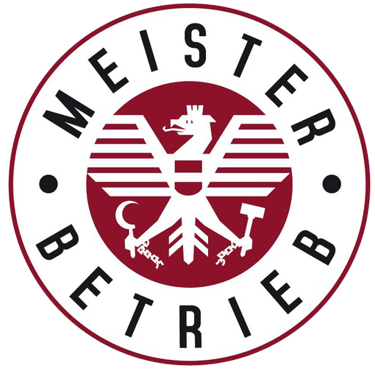 Offizielles Gütesiegel ‚Meisterbetrieb‘ mit stilisiertem Adler und Werkzeugen – Zeichen für geprüfte Handwerksqualität in Öst