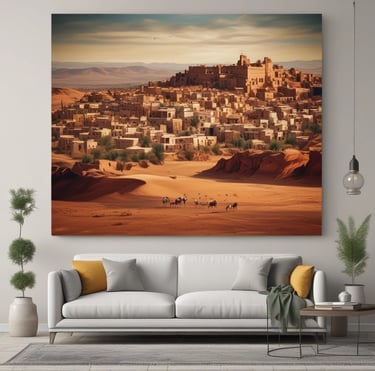 A display of decorative items including colorful ceramic tajines with intricate designs, various painted model structures resembling minarets or towers, ornate lanterns, and vibrant potted artificial plants with red berries and yellow flowers. The arrangement is set against a backdrop featuring mirrors and framed artworks.