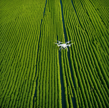 drone flying over a field of crops