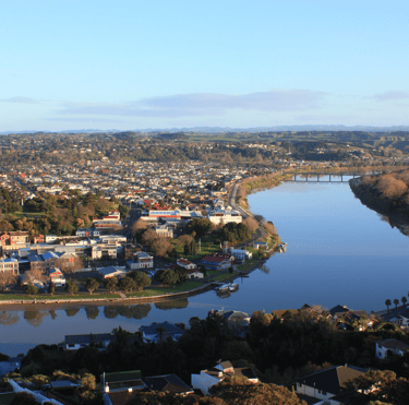 From atop the Durie Hill War Memorial Tower, a view early morning of the Whanganui River, to the northwest, and Dublin Street