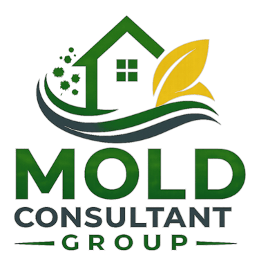 Logo for Mold Consultant Group featuring a green house icon with leaves on a black background.