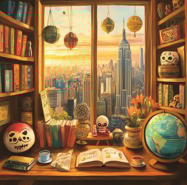 a desk with a bookcase and a book overlooking New York City skyline