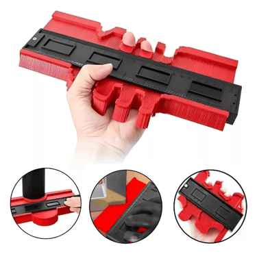 Red plastic contour gauge tool used for measuring and duplicating irregular shapes for woodworking.