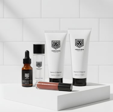 a white counter top with YESHUA Skin Cosmetics