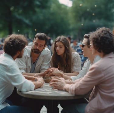 a group of people sitting on a hill with their hands up