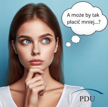 Młoda kobieta zamyślona, w dymku napis "A może by tak płacić mniej..."