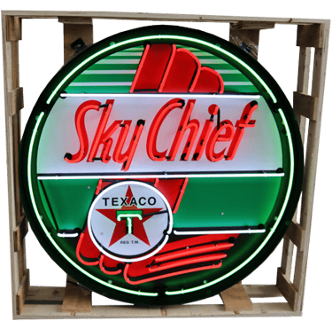 a sky chief neon sign with a sky chief,sky chief sign,sign,texaco sign,