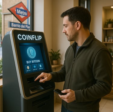 Fotografía de un hombre de piel clara usando un terminal Coinflip en un punto de venta.