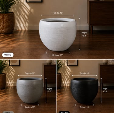 Modern 18-inch round textured planters shown in white, grey, and black with dimensions.