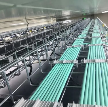 una bandeja de cables de malla de alambre con cables verdes y fijador de cables