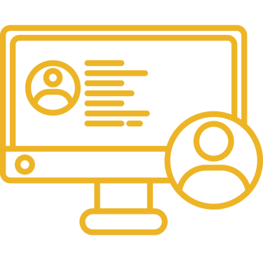 Yellow outline icon of a computer monitor displaying a user profile with personal data.