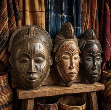 Máscaras africanas de madeira esculpidas à mão sobre um banco rústico com cestos trançados e tecidos