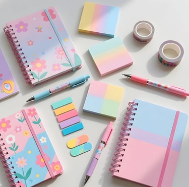 Curated collection of pastel sticky notes and floral sticker books, showcasing the 'Bold Notebooks' category