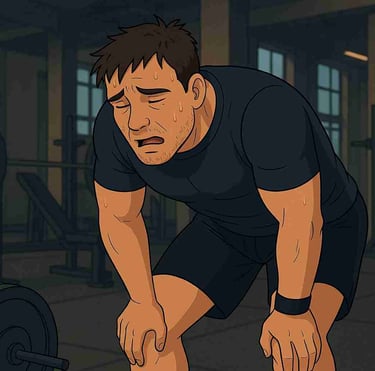 Övertränad man står på huk med händerna på knäna