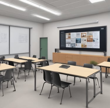 A modern office space featuring various tech gadgets and devices.