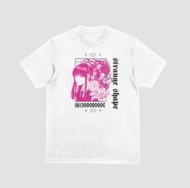 a white t - shirt with a pink and purple graphic on it