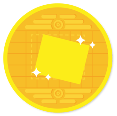 a yellow coin with a square piece of paper on it