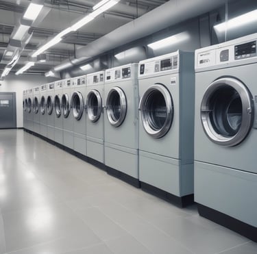 A modern washing machine in a bright laundry room.
