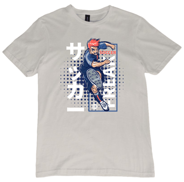 Soccer Freak anime style graphic on short sleeve ice gray t-shirt
