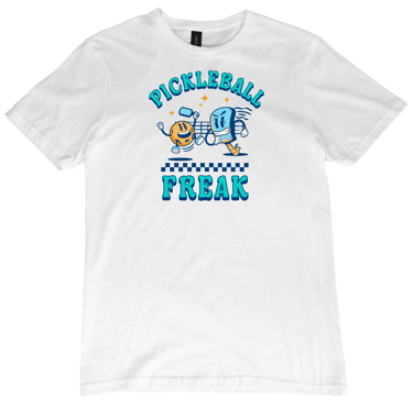 Pickleball Freak mascots playing pickleball on short sleeve white t-shirt