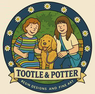 Tootle & Potter resin designs logo featuring two women and a golden retriever in a floral frame.