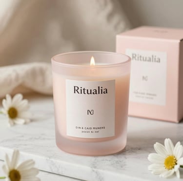 A serene flat lay of a tea cup, dried flowers, and a lit candle on a soft linen cloth.