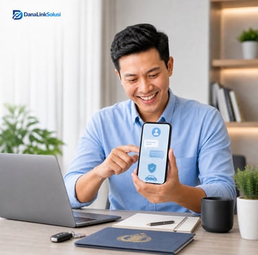 A smiling man shows a car insurance app on his smartphone while sitting at a desk with a laptop.