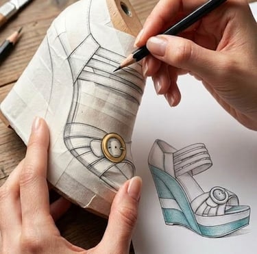 Hand drawing a footwear design pattern on a last shoe last next to a technical wedge heel sketch.