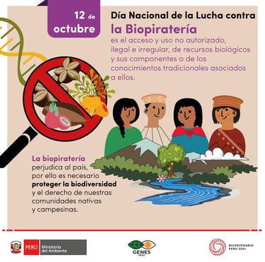 Poster for National Anti-Biopiracy Day in Peru featuring indigenous people and native biological resources.