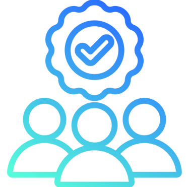 Team of people with quality badge icon representing customer success and verified service excellence
