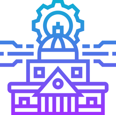Government building with gears and digital connections icon representing public administration technology