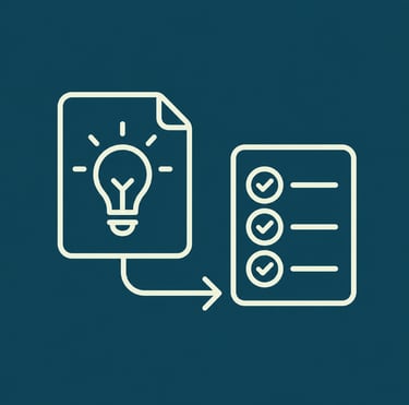 White line icon showing a light bulb idea document converting into a completed task checklist on a dark blue background.