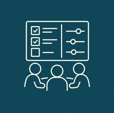 Business team icon showing three people collaborating on a digital dashboard with checkboxes and sliders.