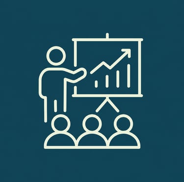 Business presentation icon showing a speaker presenting a growth data chart to an audience.