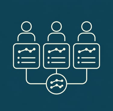 Line icon illustration of data analysis and collaborative team business metrics reporting.