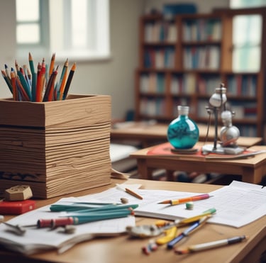 Colorful assortment of school supplies neatly arranged on a desk.