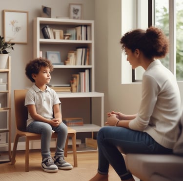 A cozy corner with soft lighting where a child listens to the program on a tablet