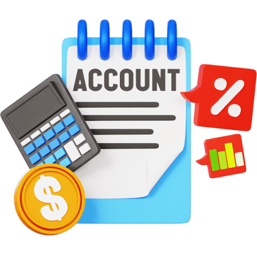 "Icon representing commerce tuition availability with a calculator and a finance book."