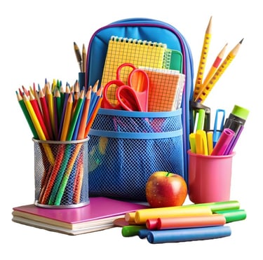 Preschool essentials including backpack, lunchbox, crayons, and learning books.