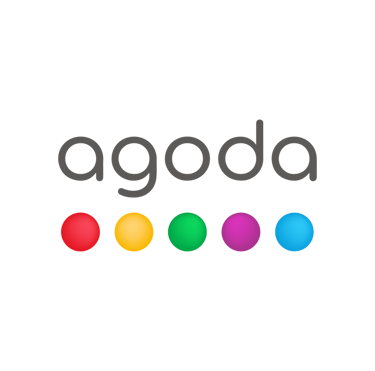 Agoda travel booking logo with five colorful circles on a black background.