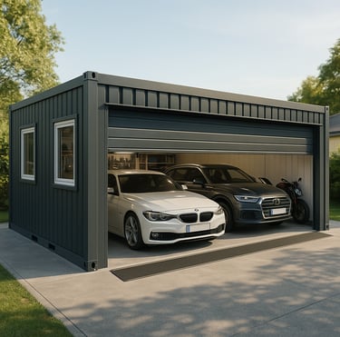 a garage with two cars parked in front of a house