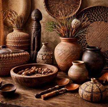 Afro Bohemian Decor with Handmade Pottery, Wooden Bowls & Woven Artisan Baskets