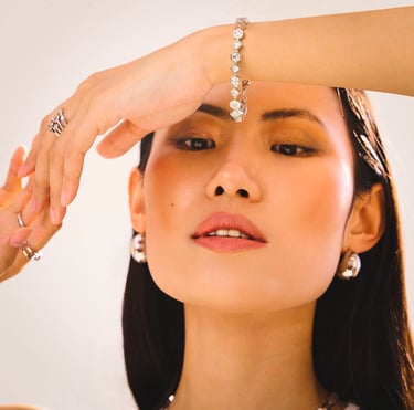 BONHEUR JEWELRY silver hexagon link bracelet, matching rings, and hoop earrings.