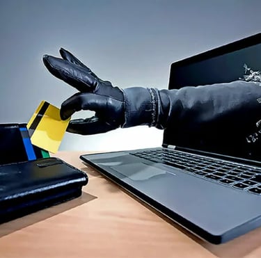 imagem ilustrativa de uma mão saindo da tela do computador roubando o cartão da bolsa 